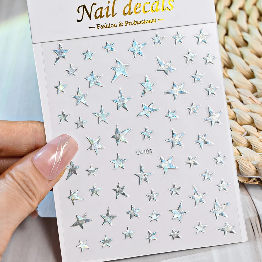Decalcomanie per unghie con stella irregolare argento laser abbronzante 3D Effetto metallico Decalcomanie per unghie con pentagramma argento Adesivi adesivi per stelle per nail art
