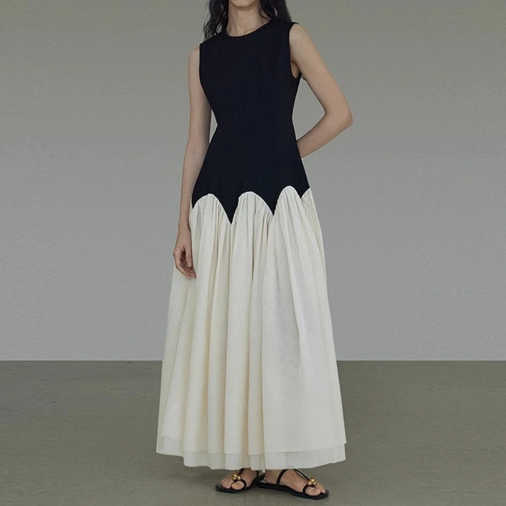 Women Elegant Black White Patchwork Dress Sleeveless Round Neck Pleated Long Skirt Casual Party Dress Customized