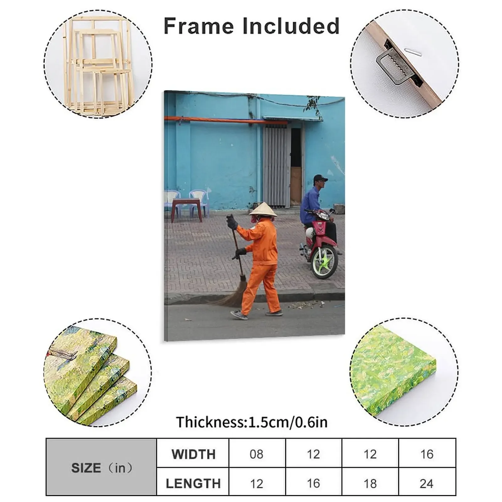 Woman Sweeps, Man Minds His Bike. Poster Canvas Painting Poster Home Garage Bar Garage Designing Framed Wall Paintings