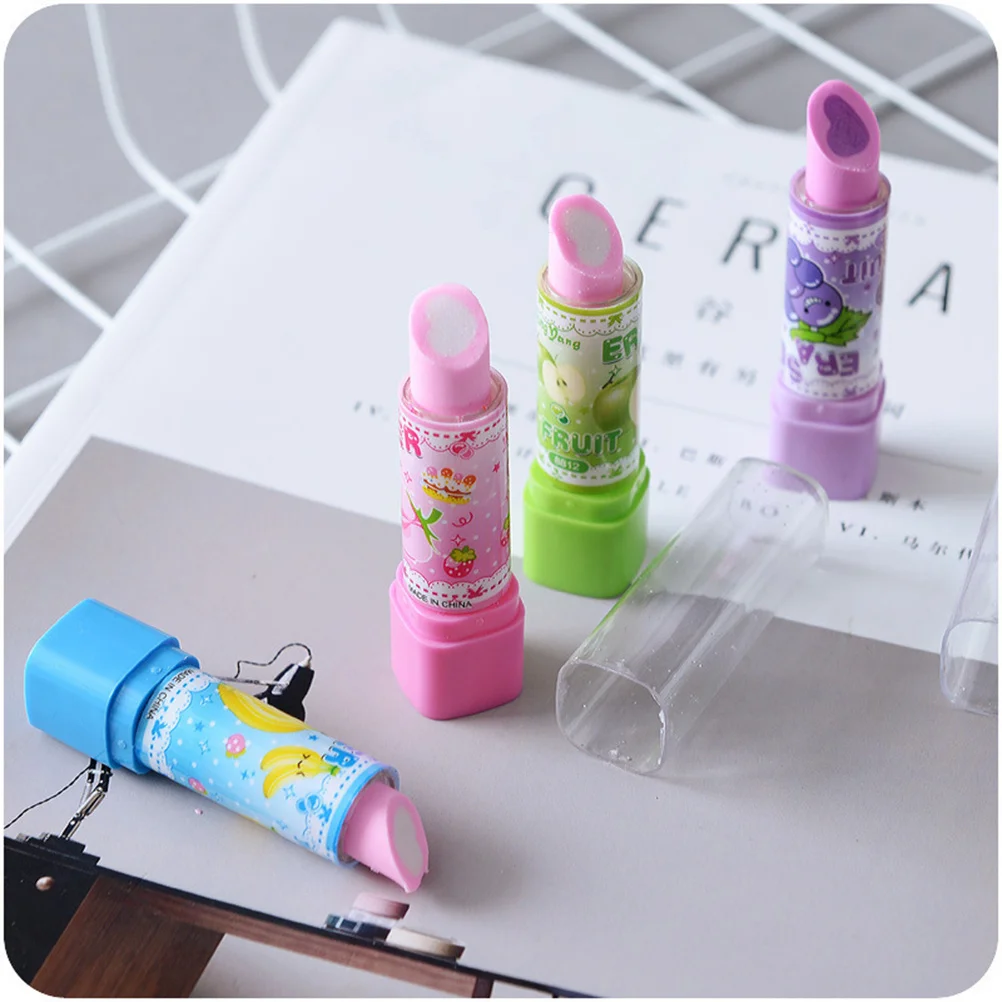 10Pcs Lipstick Shape Eraser Fun Cartoon Design Pencil Rubber for Learning Tools Bright Colored Student Gift Set