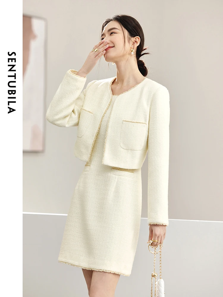 SENTUBILA  Women Apricot Dress Set Female 2024 Spring Autumn Outfits Elegant Beading Trim Jacket and Mini Dress Suits 141Z53037