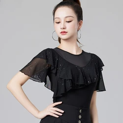 Latin Dance Top Women's Spring and Summer New 2024 Short-sleeve Mesh Ruffle Leaf Edge Dance Modern Square Ballroom Dance Costume