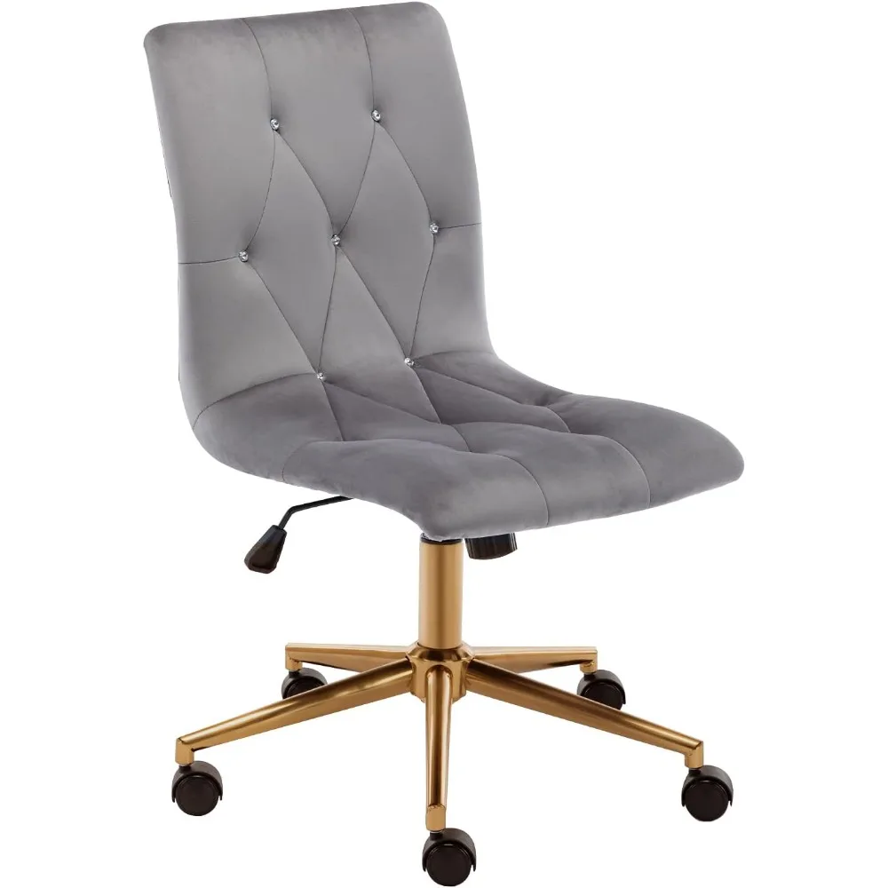 

Armless Home Office Chair, Velvet Tufted Computer Rolling Desk Chair with Back,Adjustable Vanity Chair with Wheels,Grey