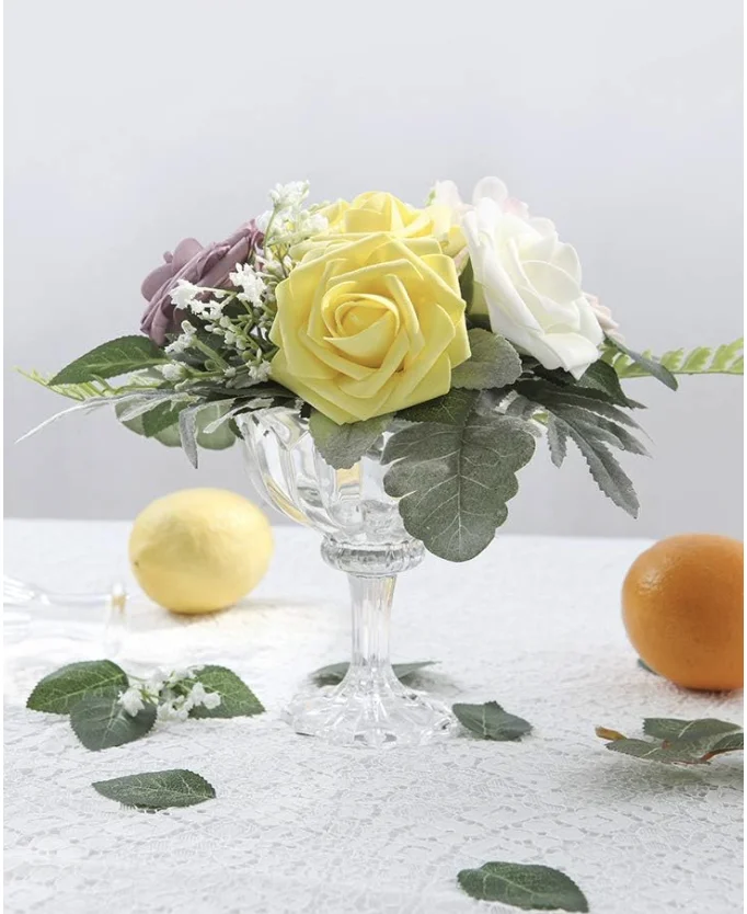 Artificial Flowers 50pcs Real Looking Canary Yellow Foam Fake Roses with Stems for DIY Wedding Bouquets Bridal Shower