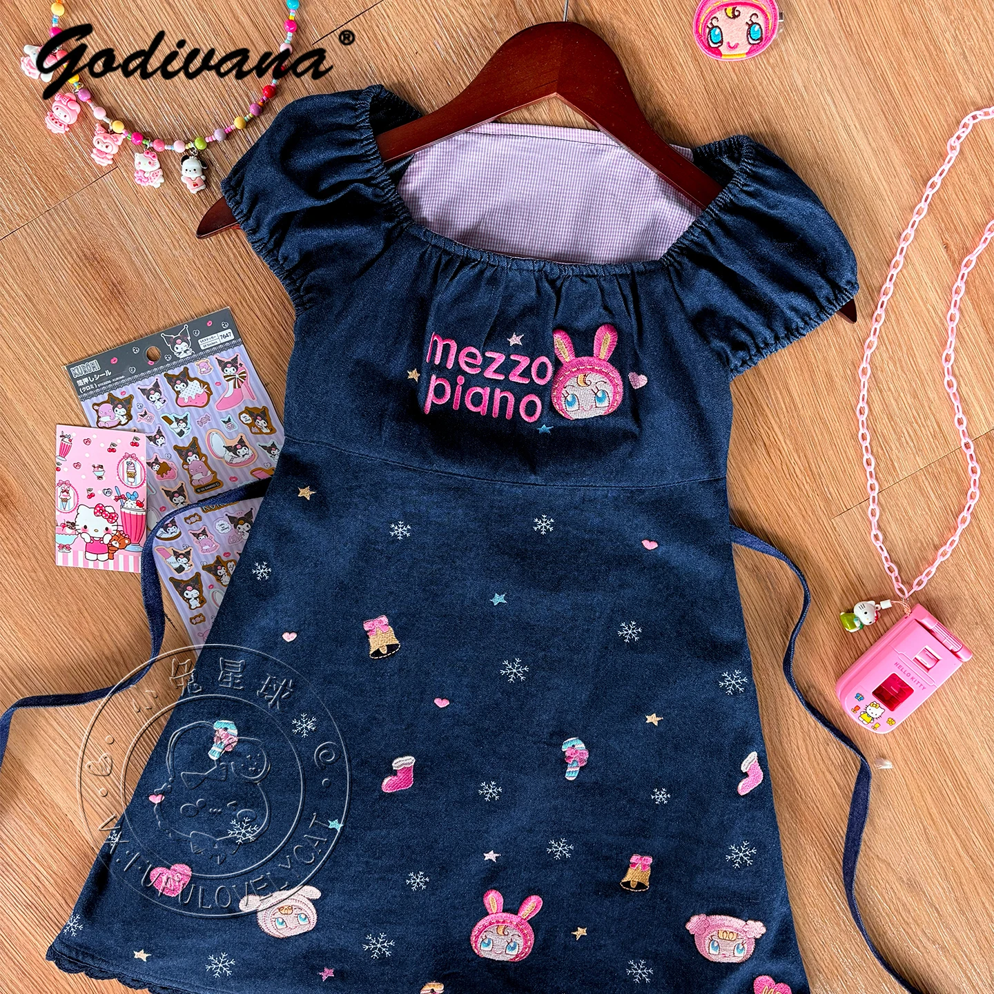 Impressão completa bonito bordado filha meninas denim vestido novo verão vintage manga curta bordado feminino bonito denim camisa topos