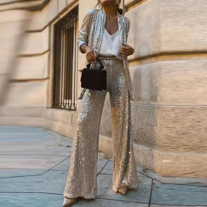 Autumn Sequin Sparkling Casual Elegant Vacation Set Y2K Sparkling Cardigan Long Sleeved Top & Wide Leg Pants Christmas Suit  New