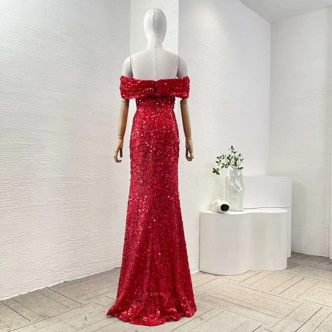 Red Off The Shoulder Pearls Sequined Maxi Dress