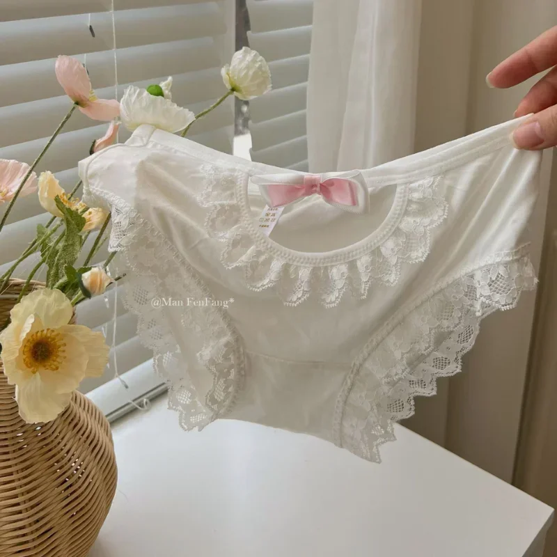 Girls' Japanese Cosplay Maid Style Hollow Out Modal Cotton Mid Waist Panties Girls Lolita Briefs Sweet Cute Bow Lace Underpant