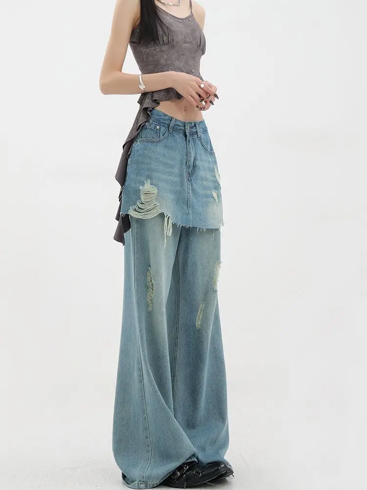 American Retro Oversized High Waist Jeans For Women Casual Baggy Y2K Wide Leg Pants Grunge Street Light Blue Denim Trouser