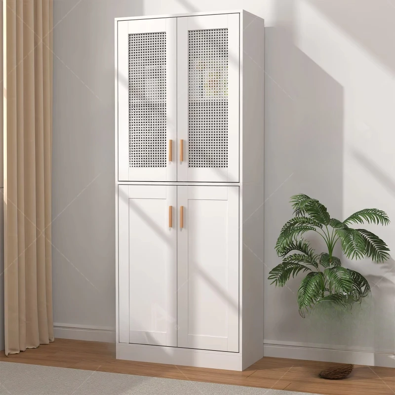 

Ready for shipment Modern White Wooden Shelf with Rattan Door High Shelf for Family Furniture Living Room Display Cabinet