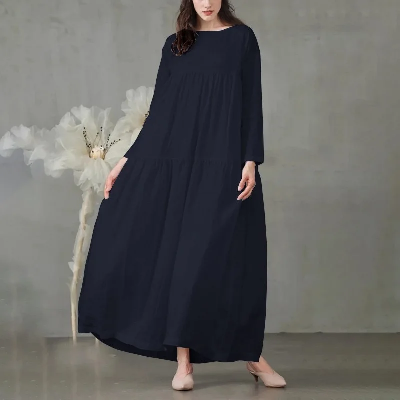 2024 new Muslim cotton and linen solid color loose long sleeved casual plus size long dress factory batch