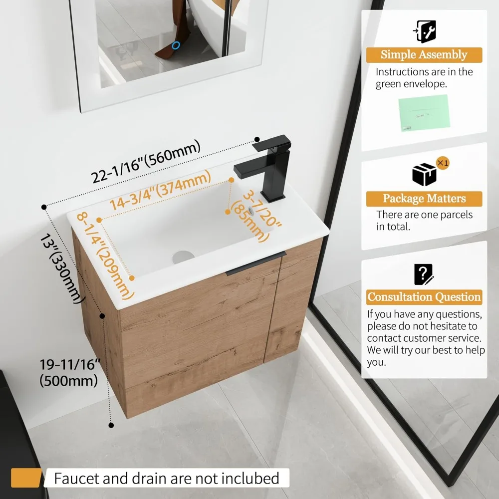 Malwee 22 Inch Floating Bathroom Vanity with Sink for Small Space, 1 Door, Brown