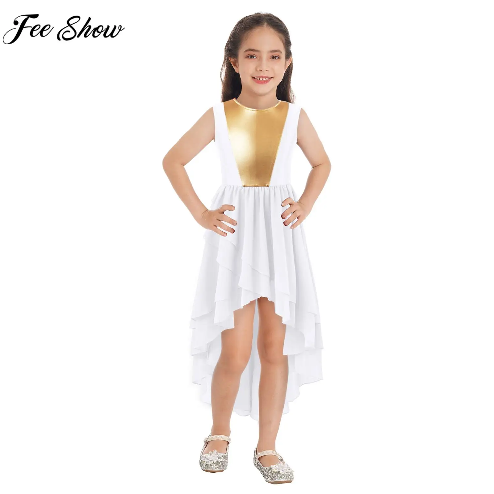 Kids Girls Church Choir Worship Performance Costume Praise Lyrical Dance Dress Dancewear Sleeveless High-Low Hem Leotard Dresses