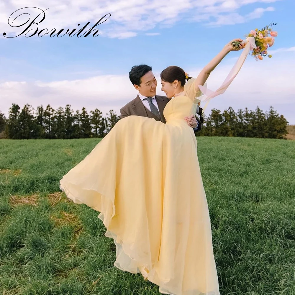 

Bowith Korea Puff Sleeves Wedding Dress Yellow Photoshoot A Line Square Collar Bridal Gown Long Evening Dresses Customized