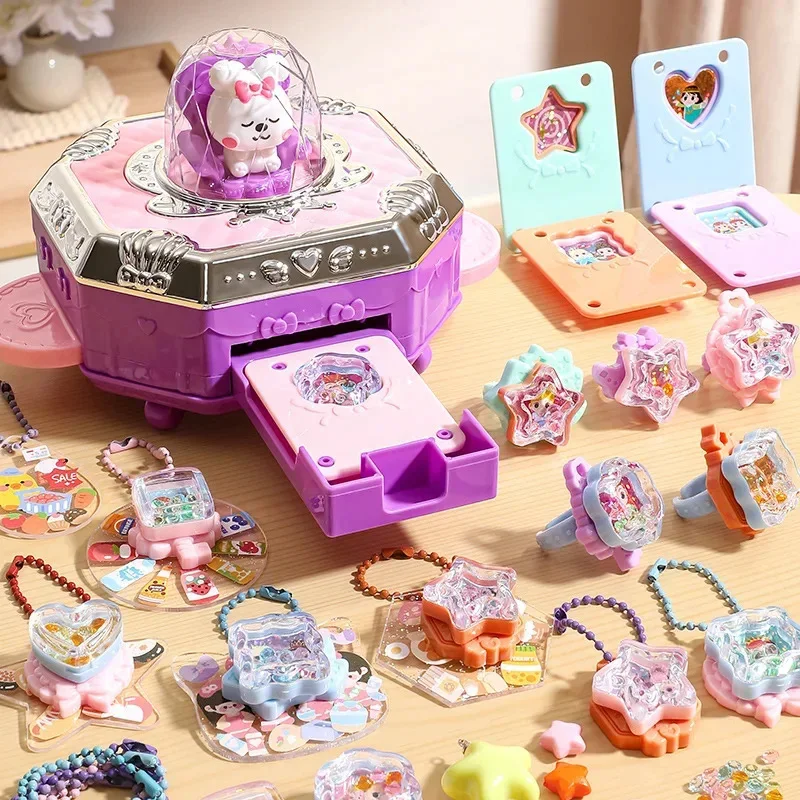 77PCS DIY Card Sticker Machine Set Girl Handmade Jewelry Ring Toy Making Princess Keychain Pendant Educational Toy Birthday Gift