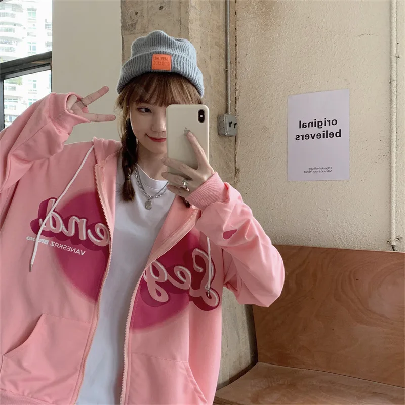 2025 가을 신상 가디건 긴팔 후드 스웨트셔츠 여성용 얇은 디자인 하트 레터 프린트 루즈핏 탑 여성 의류