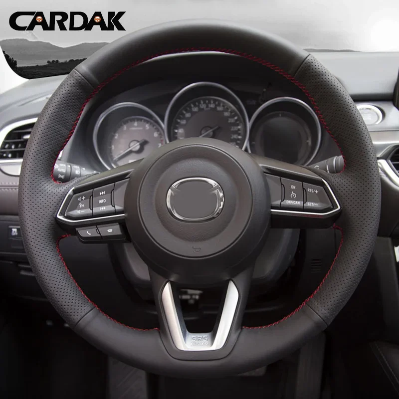 CARDAK Czarny pokrowiec na kierownicę ze sztucznej skóry do Mazdy CX-3 CX3 CX-5 CX5 2017 2018 Pokrowce na kierownicę samochodową