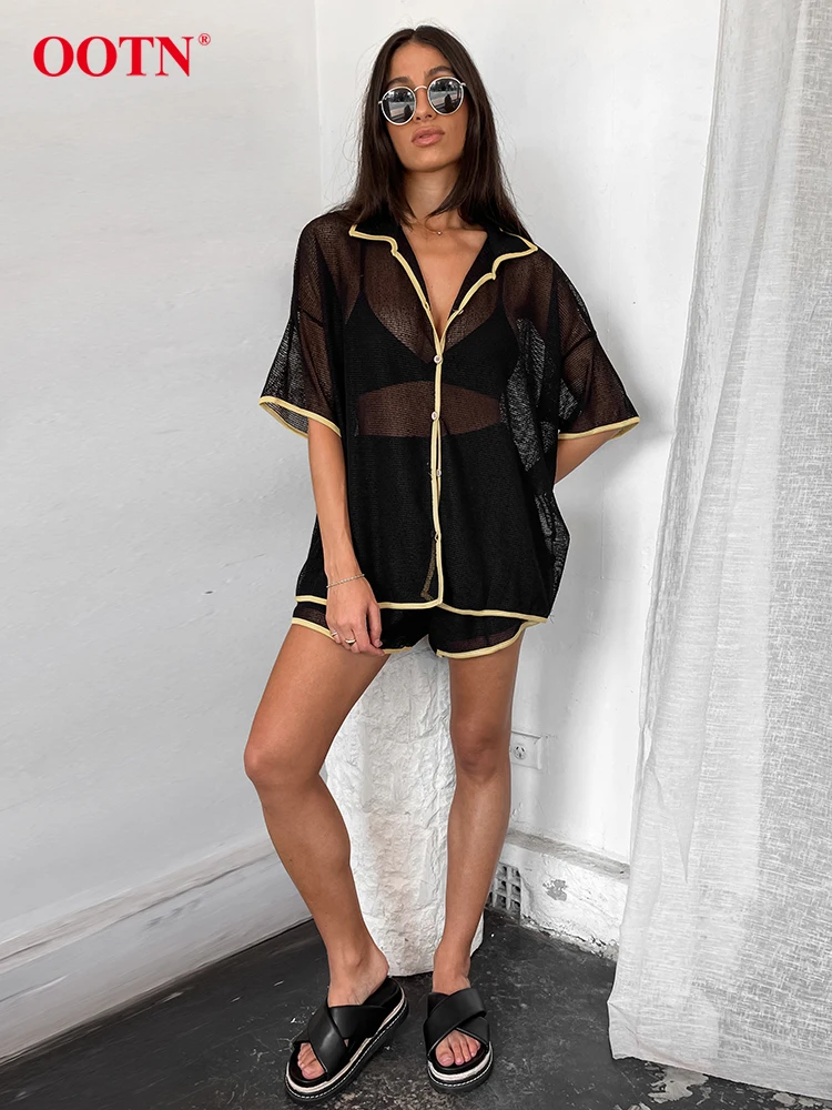 OOTN Summer Black Mesh Shorts Sets Womens 2 Pieces Fashion Patchwork Loose Blouses Sexy Transparent Khaki Shorts Suits Vacation