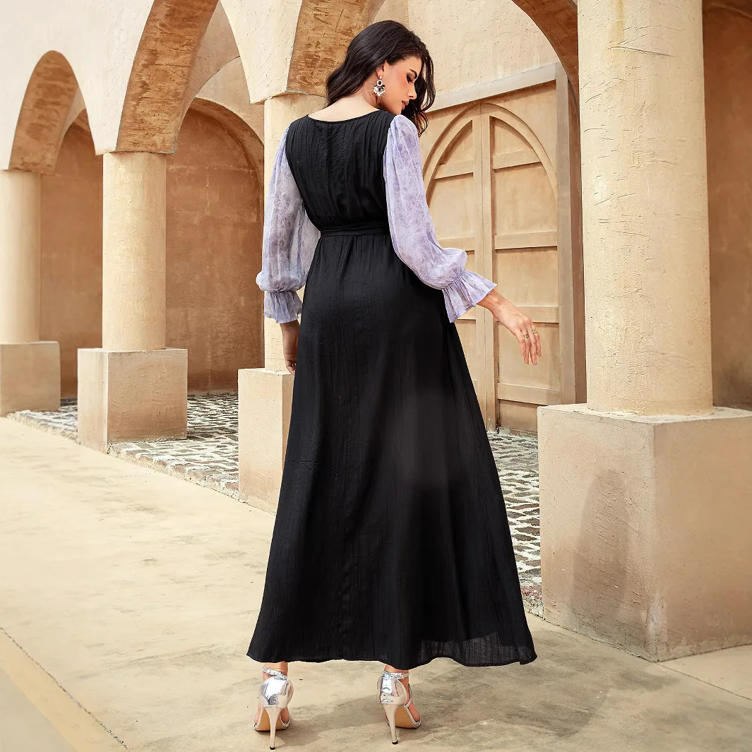 

Женское черное шифоновое платье трапециевидной формы с шипами и бриллиантами, повседневное модное элегантное шифоновое платье с рукавами-фонариками, Ближний Восток, Мусульманская новая мода