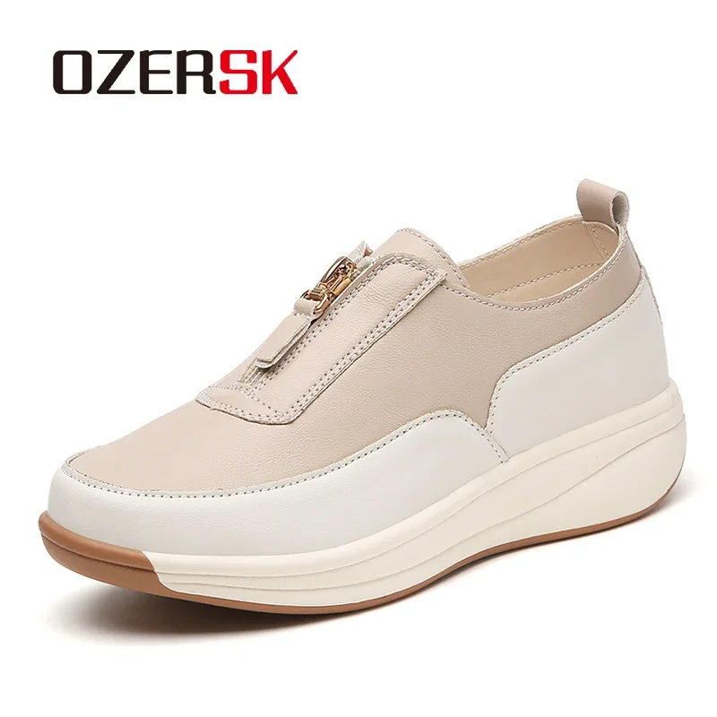 OZERSK Women Casual Shoes Cowhide Leather Zipper Breathable Comfortable Ladies Lightweight Fashion Sweet Style Shoes Size 35-43