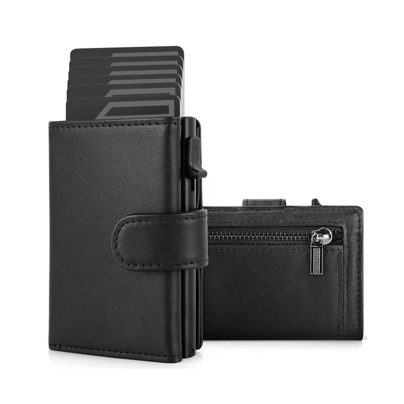 Men's Genuine Leather Trendy Wallet RFID Blocking with Aluminum Case Design Anti-Theft Magnetic Proof Zipper Coin Pocket Wallet