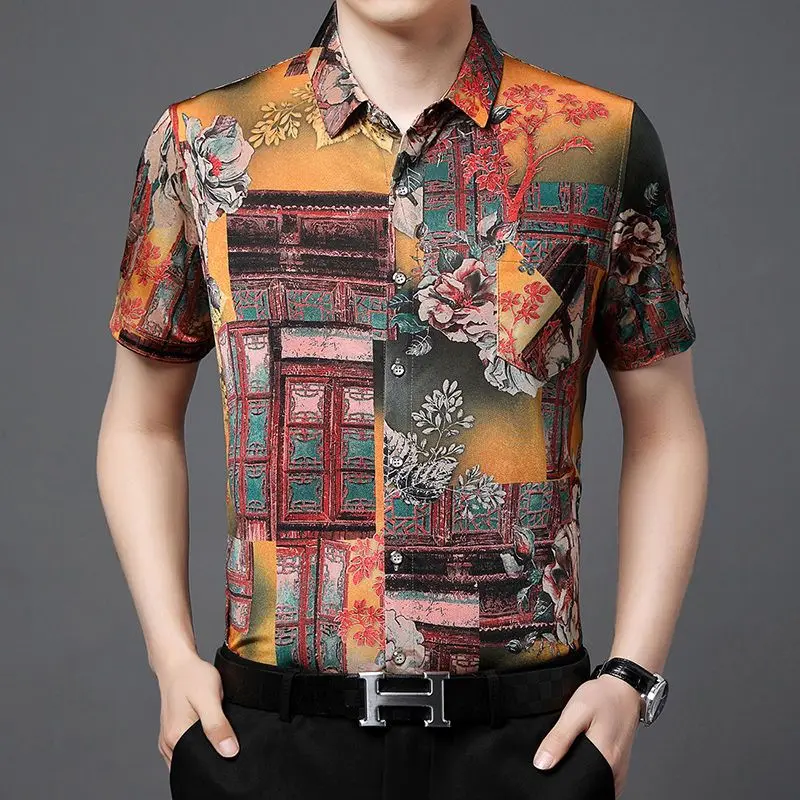 T Shirt for Men Spring Summer V-Neck Underlay Short Sleeve Printing Floral Pockets Button Casual Blouses Fashion Tops