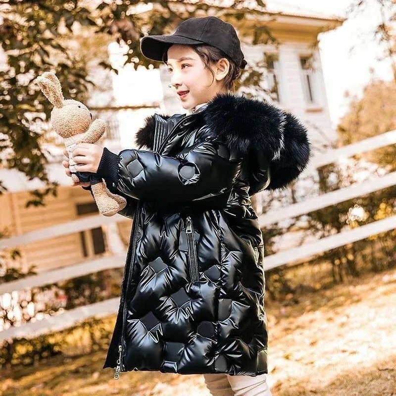 New Girls Glossy Fur Collar Jackets Children Thicken Solid Colour Outerwear Kids Trends Hooded Coats Winter Warm Fashion Parkas