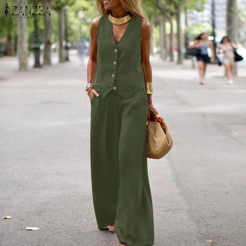 ZANZEA Fashion 2026 Sommer Ärmellose Westen-Oberteile und Hosen-Sets für Damen – Elegante, einfarbige Business-OL-Trainingsanzüge mit weitem Bein