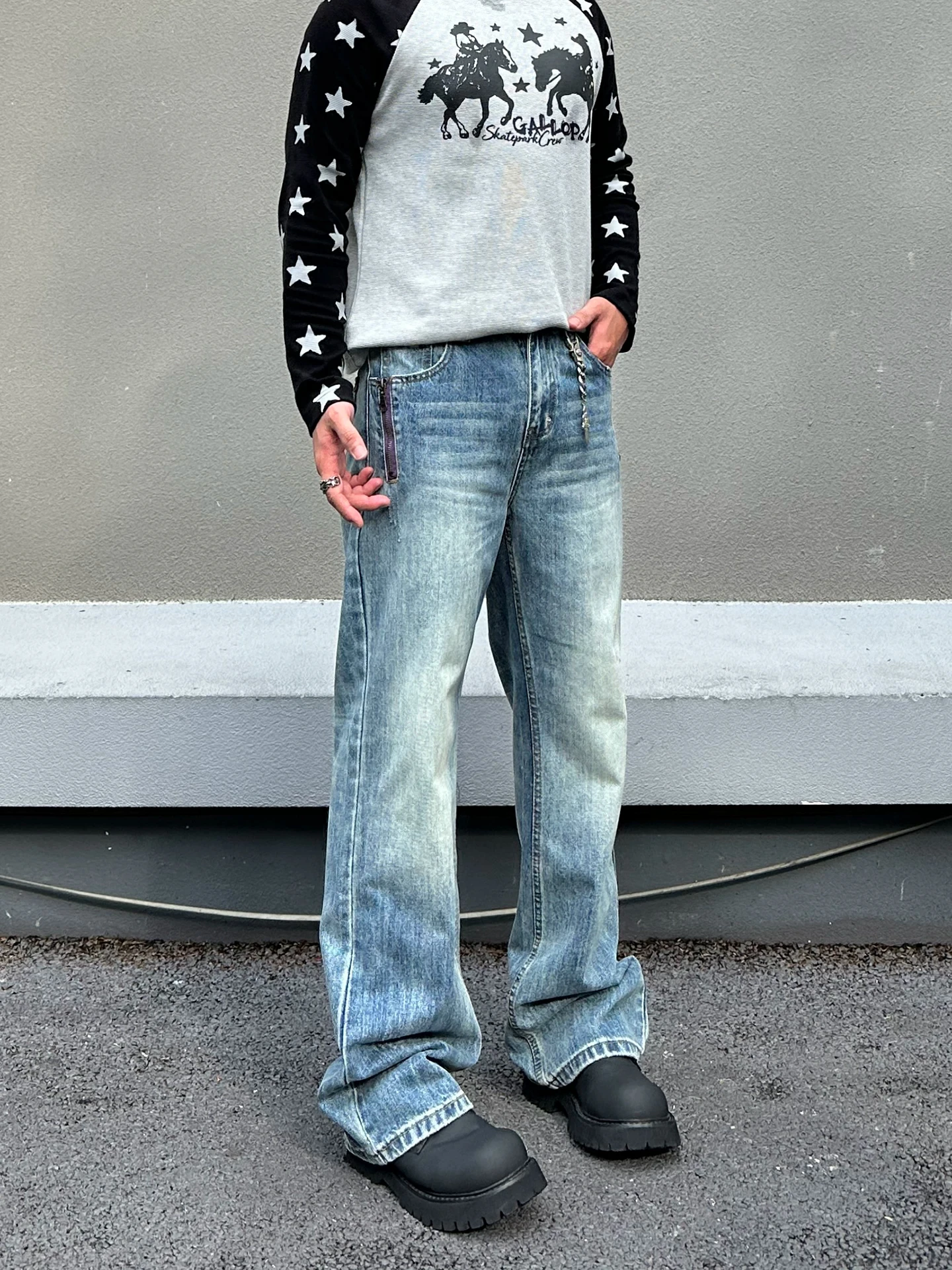 Cleanfit American Style  Washed Double Zipper Loose Straight Leg Jeans for Men Trendy Casual High Waist Denim Pants
