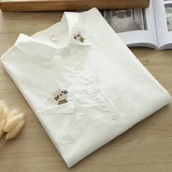 Spring Women Irregular Pocket Cartoon Cat Embroidery Shirt White Color Single-breasted Long-sleeved Loose Blouse Tops U081