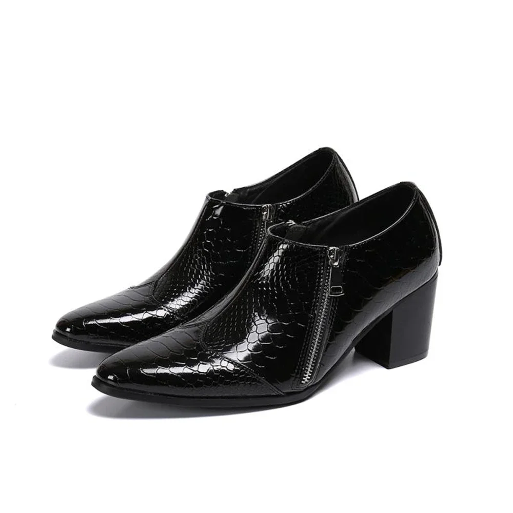 

Patent Leather High Heels Pointed Toe Black Zipper Boots Male Plus Size Wedding Prom Dance Fashion British Style For Man Shoes