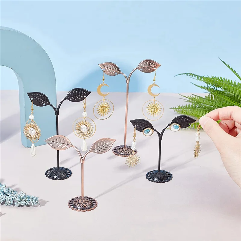 6Pcs Metal Earring Stand Leaf Shape T Shape Earring Display Stand Jewelry Organizer for Retail Photography Prop