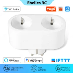 Tuya WiFi Smart Plug 2 in 1 16A EU Smart Socket With Power Monitor Timing Home Appliance Dual Control Works With Alexa Google