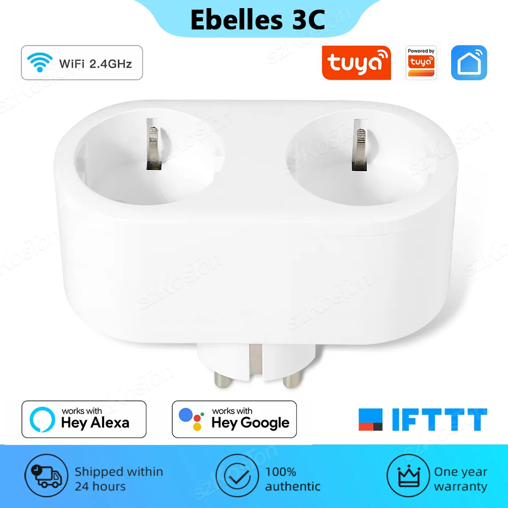 Tuya WiFi Smart Plug 2 in 1 16A EU Smart Socket With Power Monitor Timing Home Appliance Dual Control Works With Alexa Google