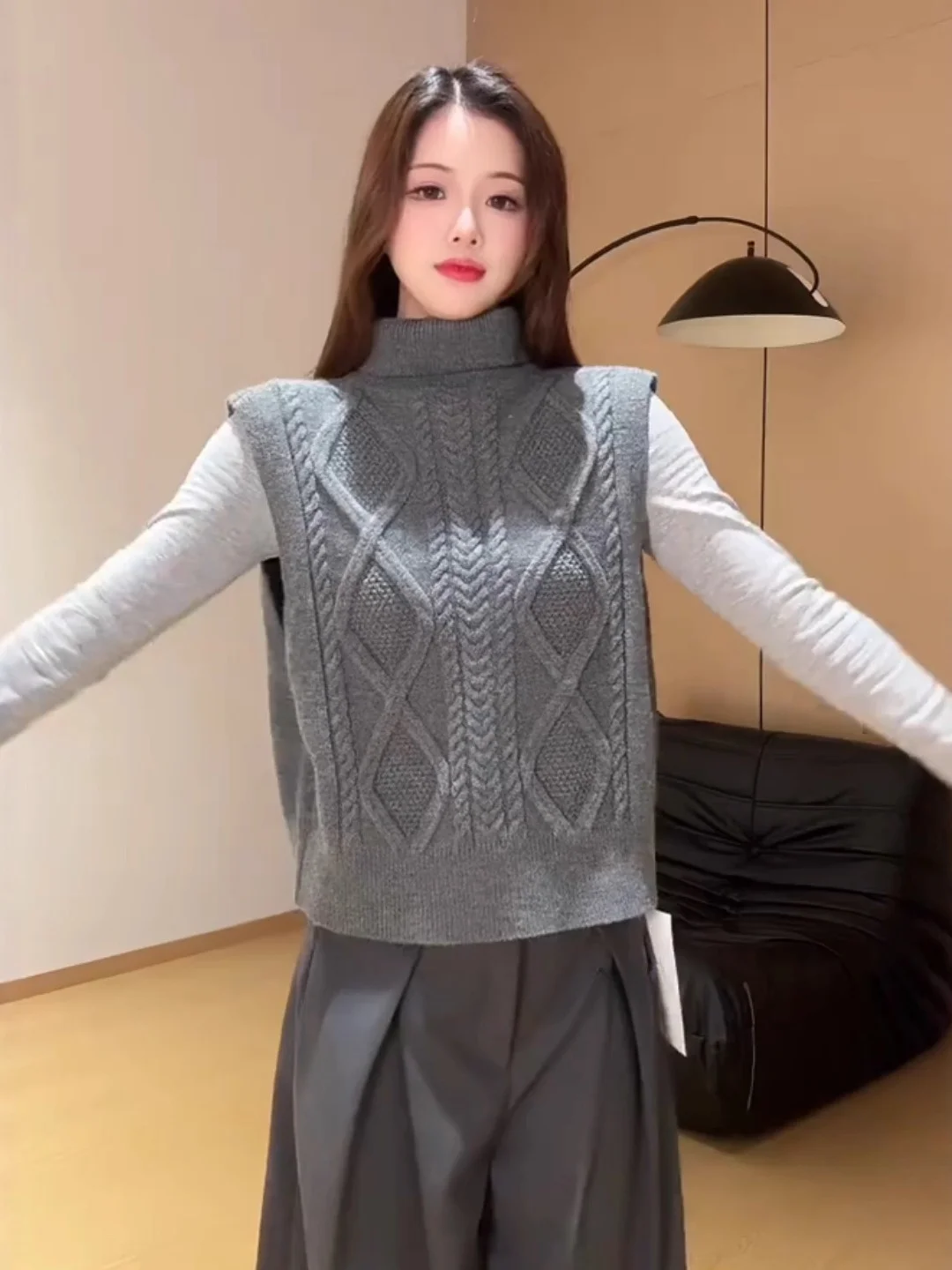 ay High Collar Knitted Sweater Vest Women's Faion Top Autumn Winter Two-Way Wear Svel Vest Commute Sle