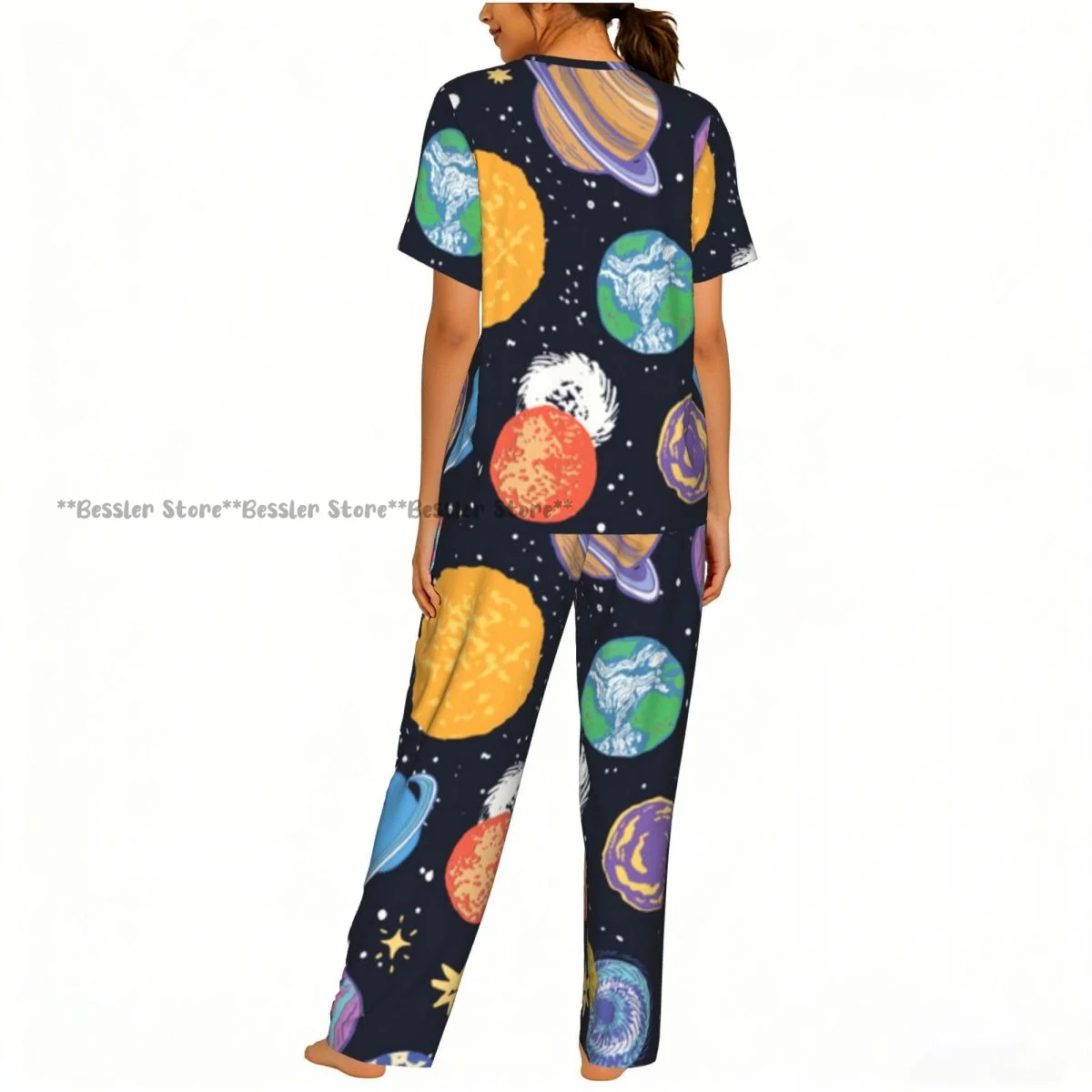 Women's Planets And Stars Illustration short sleeve trousers casual pajamas set 4