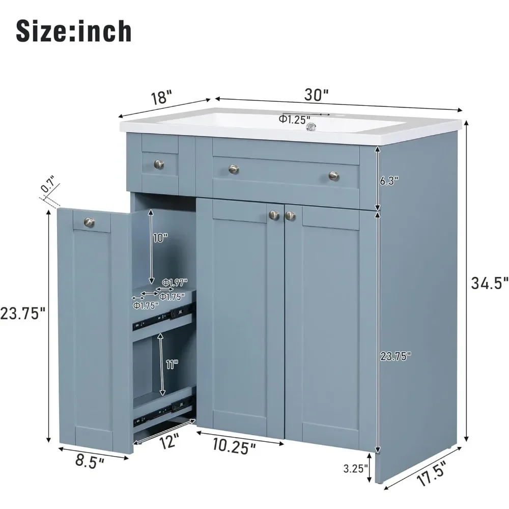 Armoire de rangement avec évier simple, cadre en bois massif, évier encastré ChlorCabinet, bleu, 30 po