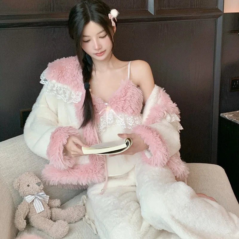 Women's Winter Thickened Coral Fleece Long Plush Pajamas Home Clothes Simple Elegant Home Style Sleepwear Comfortable Cotton