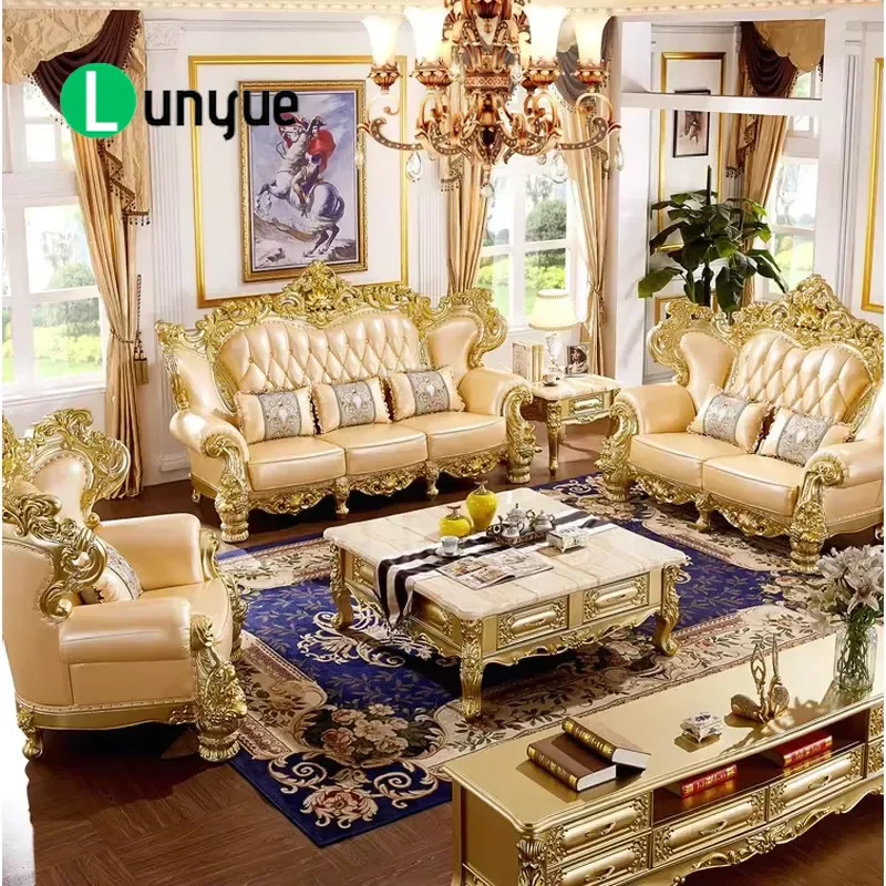 Luxury European Leather U Shaped Sofa Double Sided Carved Solid Wood Frame High End Art Furniture for Villa Living Room