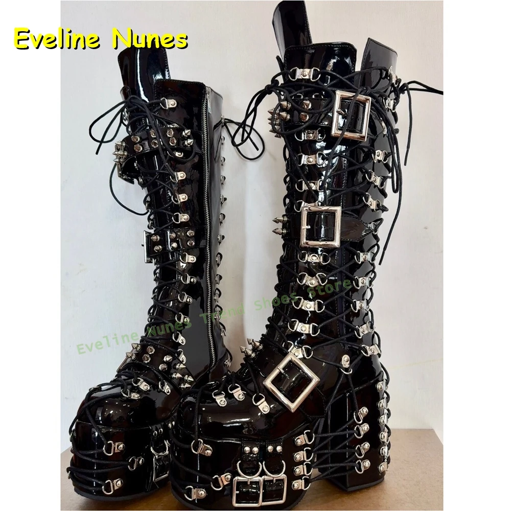 Y2K Red Gothic Platform Knee High Boots Women Punk Lace Up Buckle Chunky Heel Patent Leather Shoes Belt Buckle 2026 New Arrivals view 4