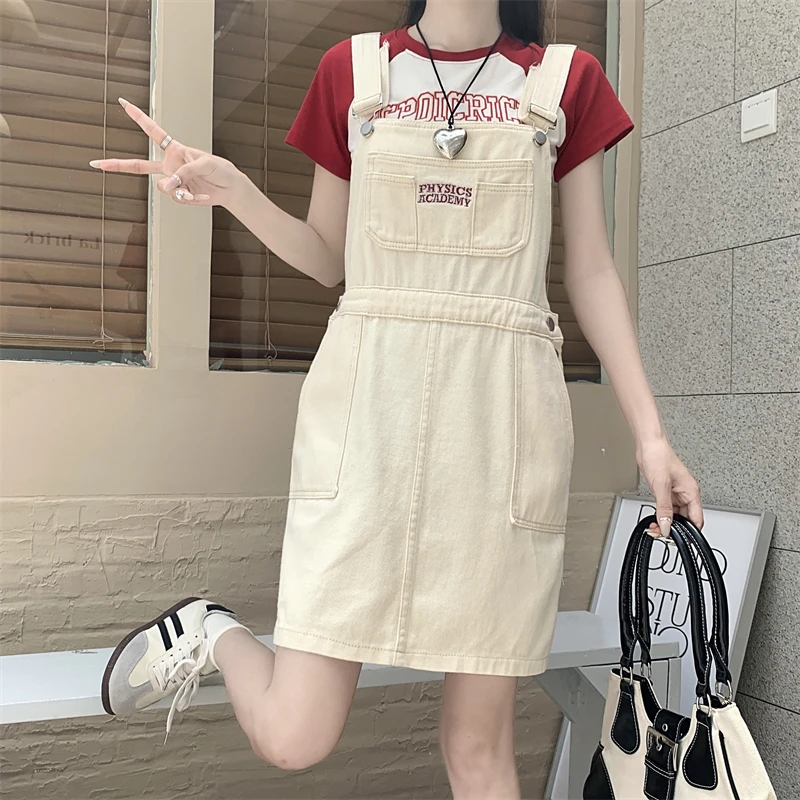 Classic Simple Summer New Korean Vintage Fashion Casual Sweet Loose  Little Man Versatile Chic High Waist Denim Strap Dress Z477