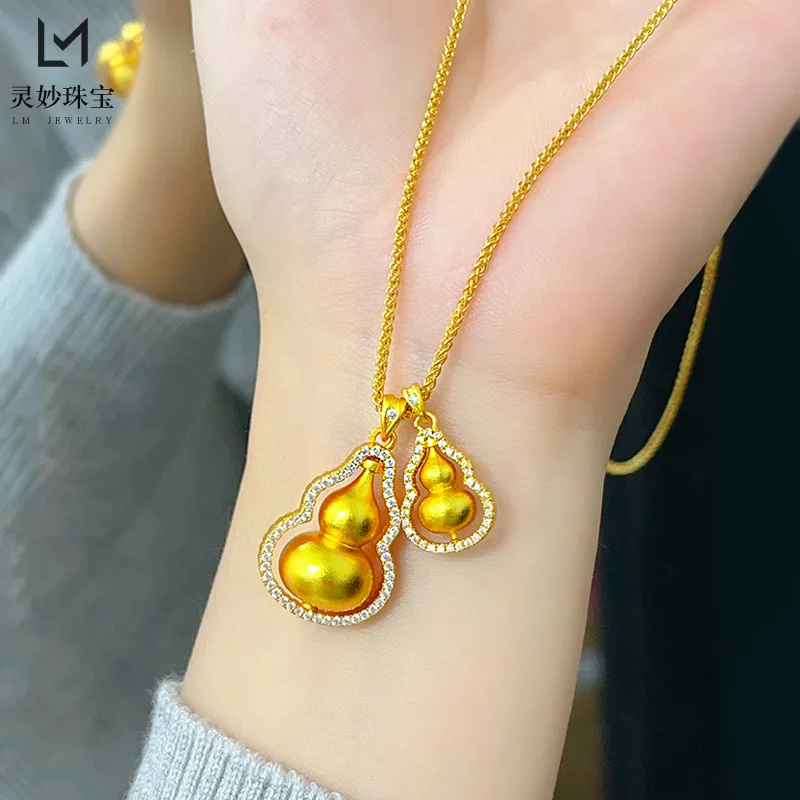 

9999 24K real gold dot diamond rotatable double hoist stacked pendant necklace for women luxury jewelry