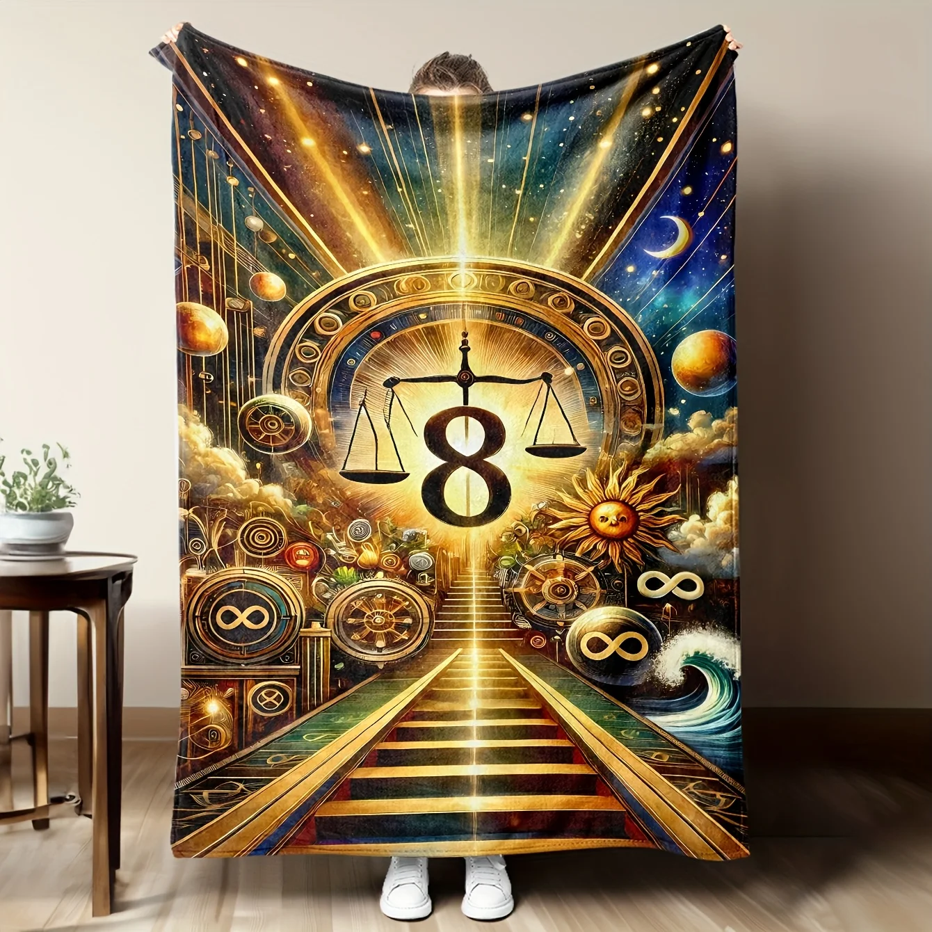 

1PC flannel blanket, with the sun, moon and God's balance pattern, a soft, warm and comfortable sofa bed office blanket