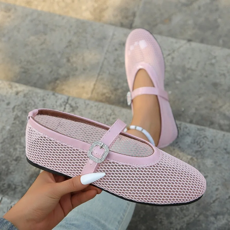 

Women's Single Shoes Spring New Round Head Shallow Mouth Mesh Cloth Metal Buckle Word with Soft Low Non-slip Flat Shoes