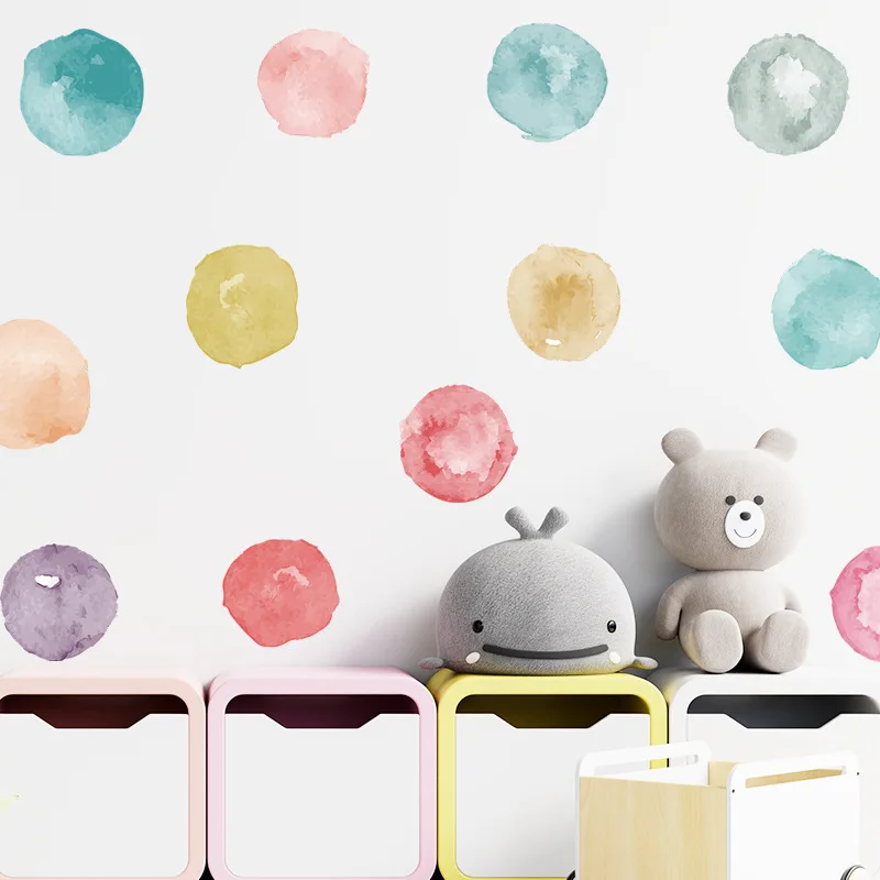 1 Sheet Watercolor Polka Dots Wall Stickers Circles Hand Drawn Wall Decals for Kids Room Baby Nursery Home Decoration