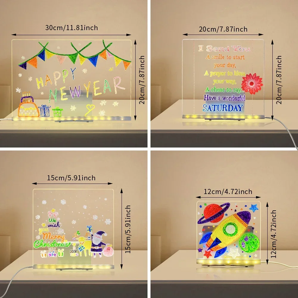 LED Note Board with Colors Personalized LED Lamp Acrylic Message Note Board Erasable USB Children‘s Drawing Board Night Light