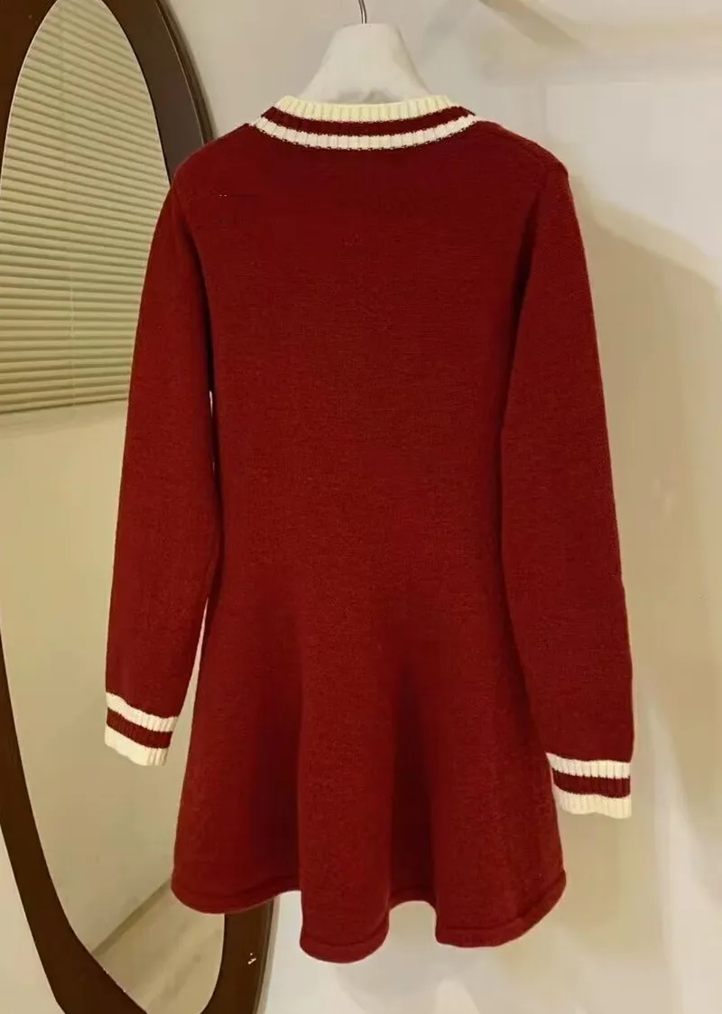 Elegant Knit Sweater Dress For Women Vintage Stylish Korean Ladies A-line Mini Dresses Long Sleeve Single-breasted Vestido Mujer