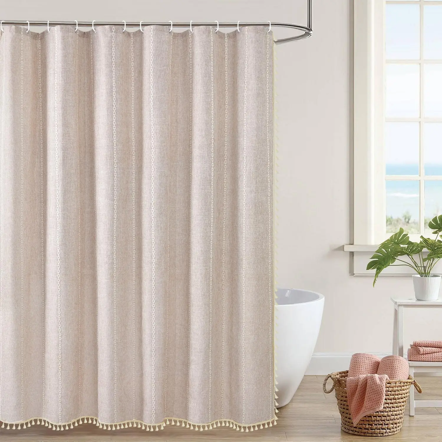 

300GSM Thickened Polyester Linen Blend Shower Curtain, Waterproof Lotus Coating, Vertical Stripes with Tassel Hem