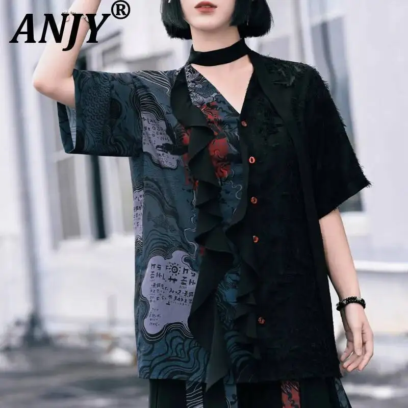 

ANJY Summer New Women V-Neck Asymmetrical Ruffle Print Patchwork Lace Design Shirt Dark Loose Casual Short Sleeve Ins Top A23947