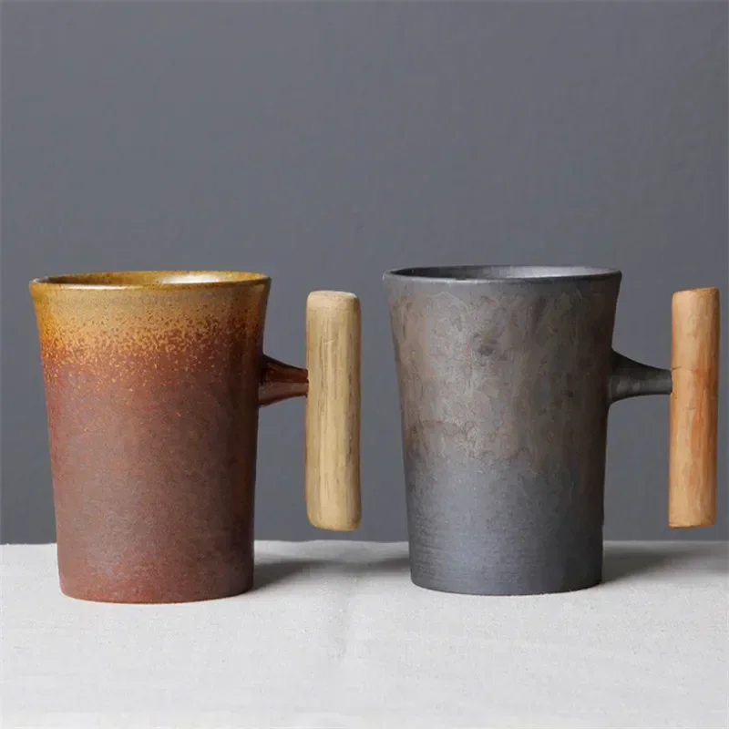 

Japanese-style Vintage Ceramic Coffee Mug Tumbler Rust Glaze Tea Milk Cup with Wooden Handle